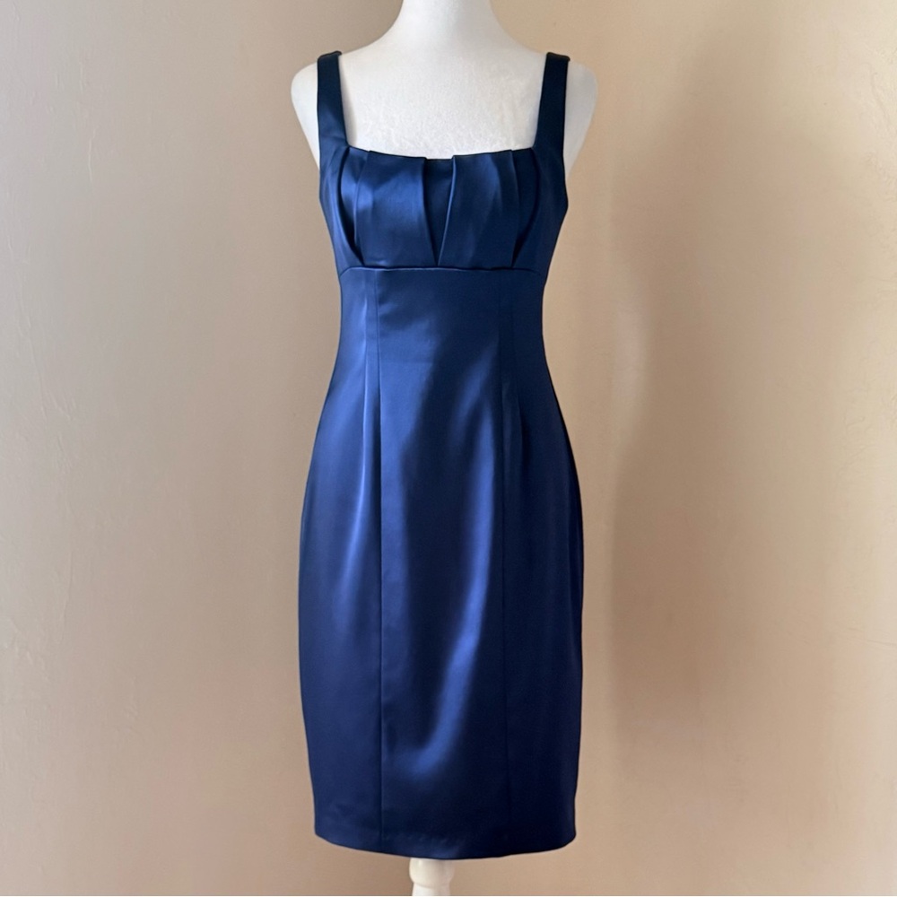 David Meister Navy Satin Stretch Sheath Cocktail Dress Size 6 Made in USA